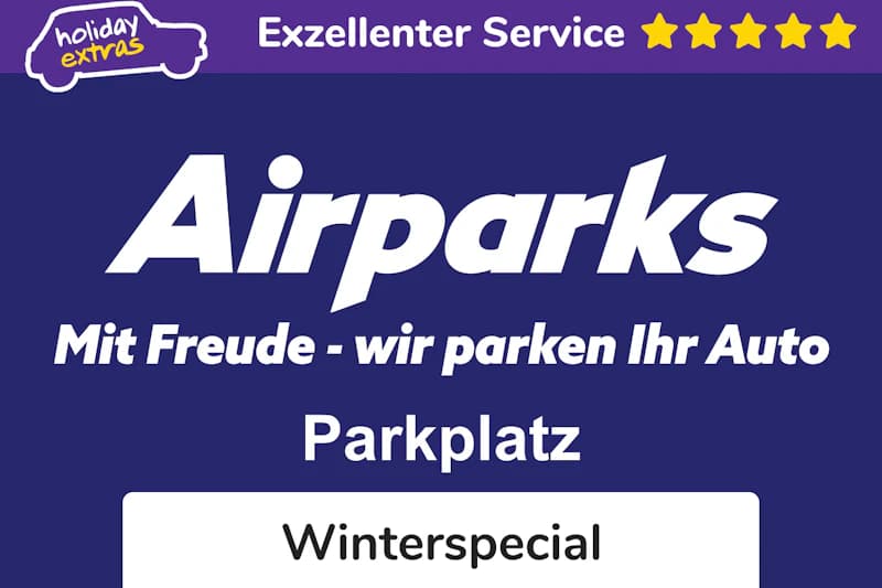 Wortmarke Airparks mit dem Zusatz Parkplatz und Winterspecial, oben Banner Exzellenter Service.